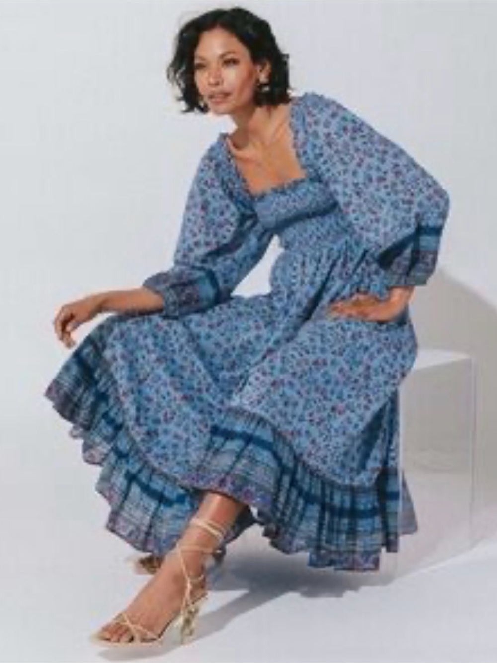 Cleobella Blue Floral Smocked Midi Dress Boho Puff Sleeve Cotton XS